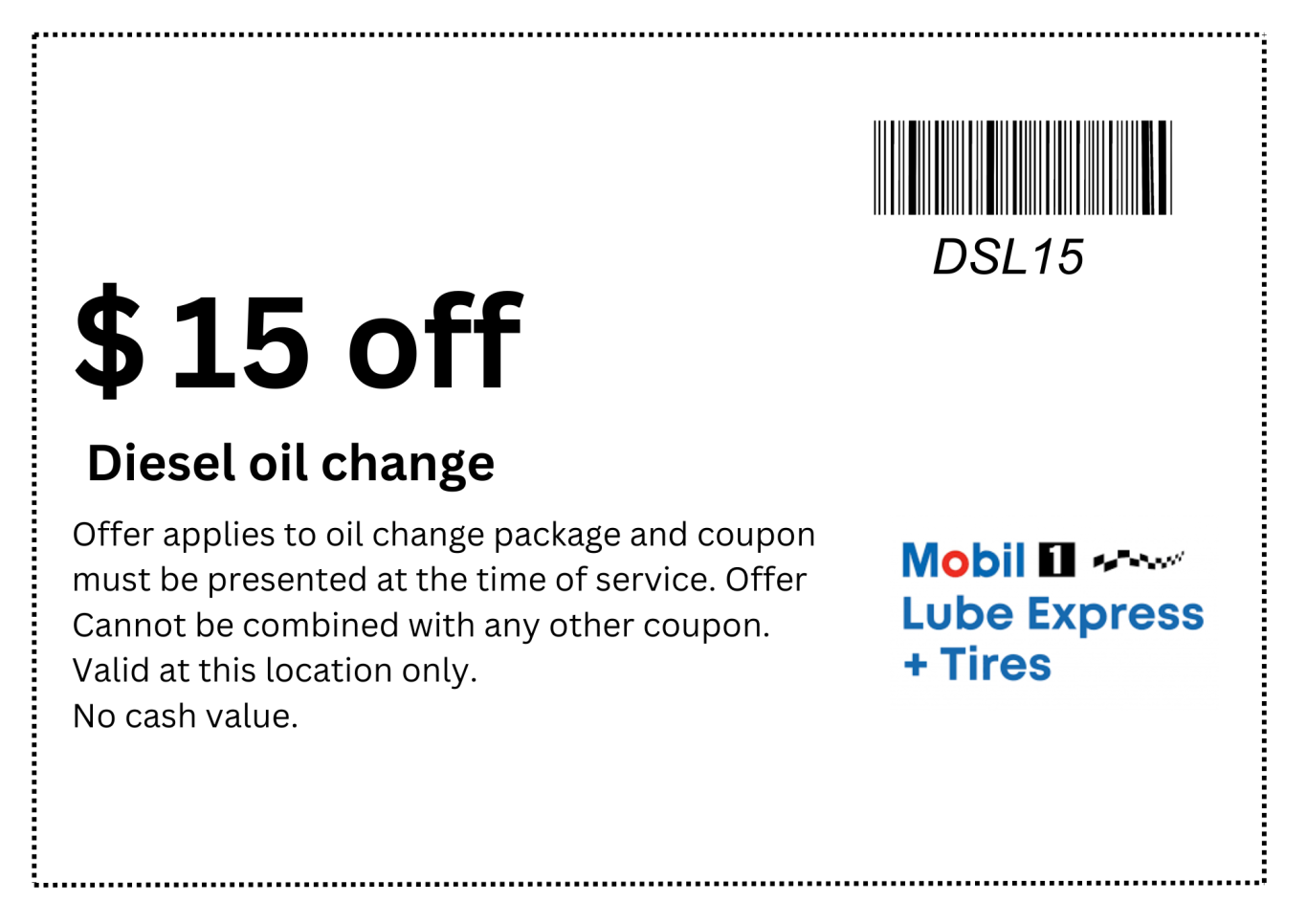 Fluid check and top-up, diesel oil change discount coupon for Mobil 1 Lube Express Burnaby