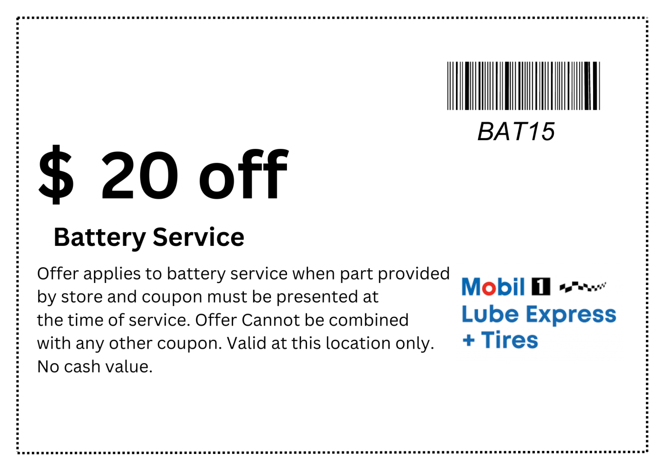 Battery and Maintenance service special offer coupon at Mobil 1 Lube Express Burnaby.