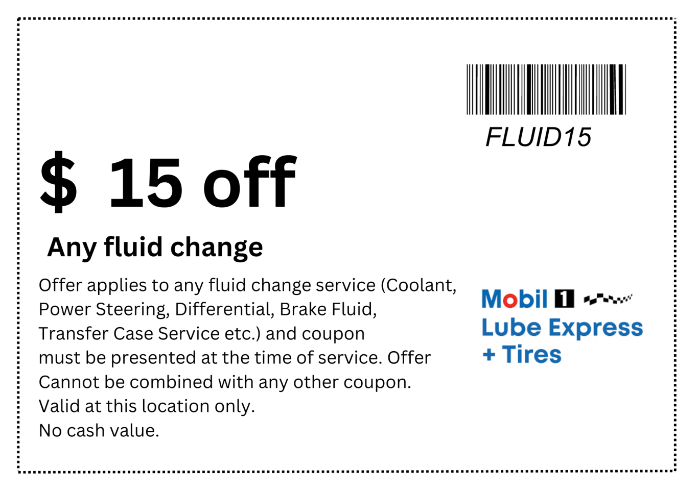 Fluid check and top-up discount coupon for Mobil 1 Lube Express Burnaby