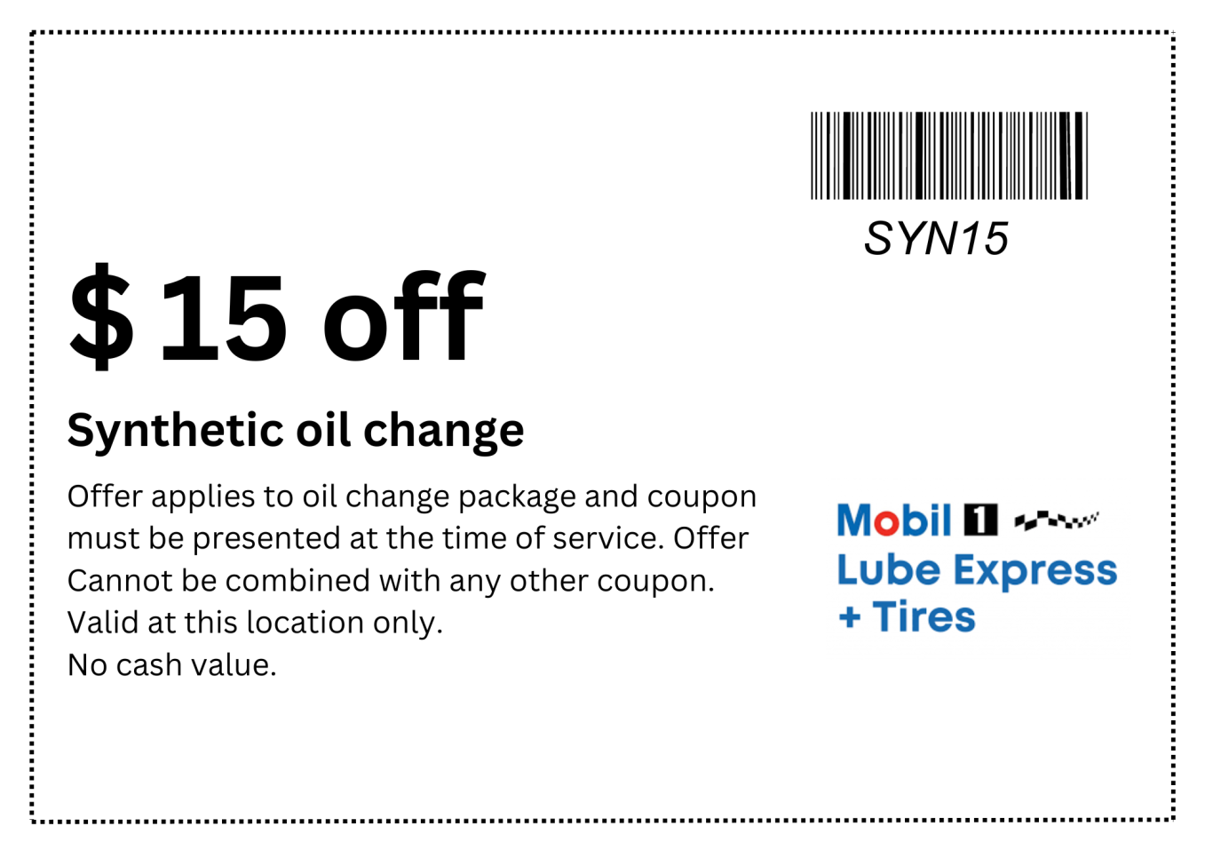 Special offer coupon for synthetic oil change service at Mobil 1 Lube Express Burnaby.