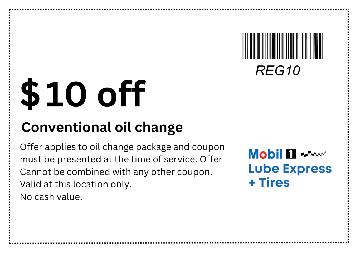Coupon for discounted regular oil change at Mobil 1 Lube Express Burnaby.
